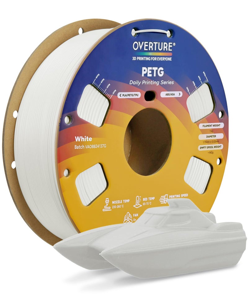 OVERTURE PETG 3D Printer Filament 1.75mm, Neatly Wound Durable PETG 1kg Spool (2.2lbs), Strong Toughness Filament, Dimensional Accuracy +/- 0.02mm, Fit Most FDM Printers (White) - Image 1